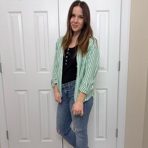 Universal Thread Green and White Striped Button up